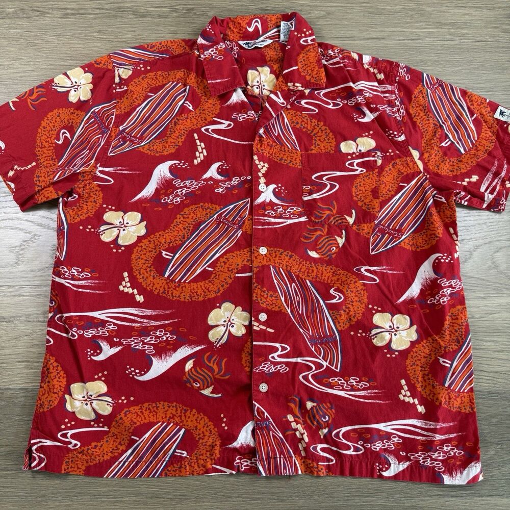 Vintage Structure Shirt Men XL Hawaiian Surf Boards Bold Red Cotton Button Up